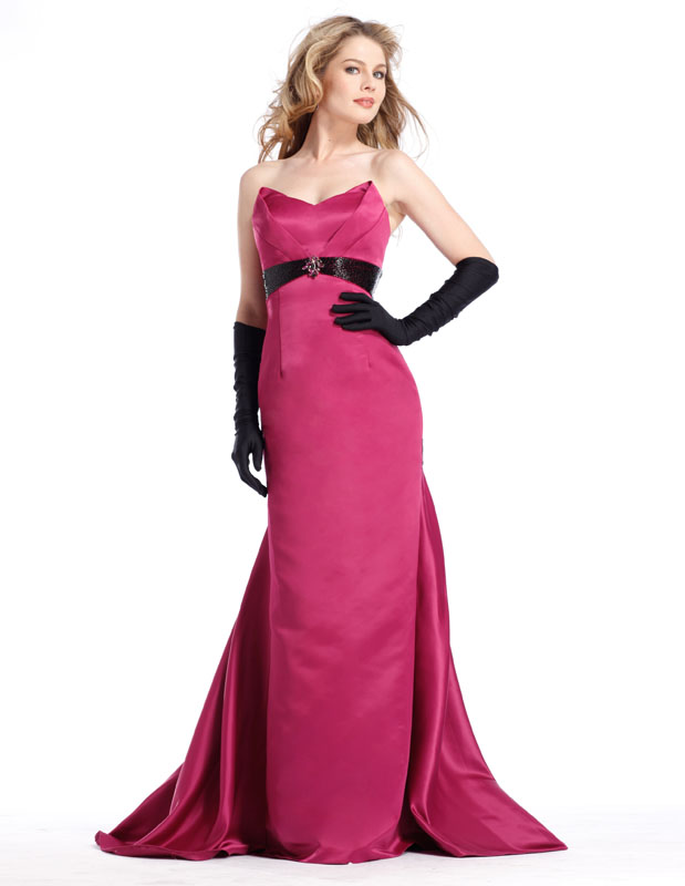 Fuchsia A Line Strapless Sweetheart Neckline Satin Formal Dresses With Black Sash