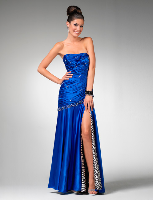 Sexy Royal Blue Strapless Full Length A Line Prom Dresses With Beads And High Slit