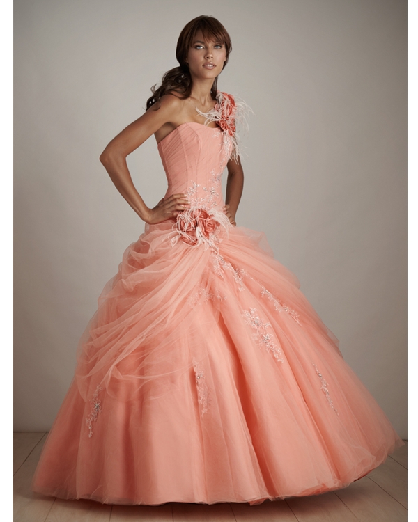 Apricot Ball Gown One Shoulder Floor Length Ball Gown Quinceanera Dresses With Hand Made Flowers