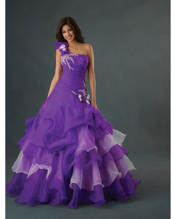 Lightweight Purple Ball Gown One Shoulder Floor Length Quinceanera Dresses With White Embroidery