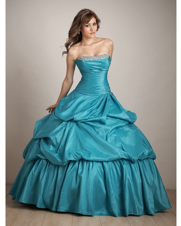 Blue Strapless Floor Length Ball Gown Taffeta Quinceanera Dresses With Beads