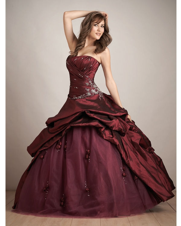 Burgundy Ball Gown Strapless Floor Length Quinceanera Dresses With Ruffles And White Embroidery