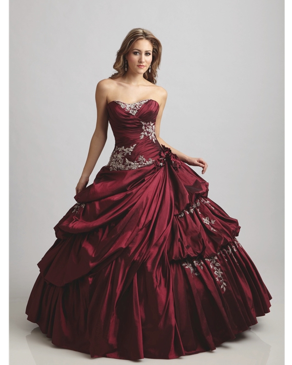 Burgundy Ball Gown Strapless Floor Length Quinceanera Dresses With White Embroidery