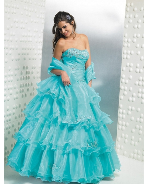 Turquoise Strapless Floor Length Ball Gown Tiered Quinceanera Dresses With Beading And Ruffles