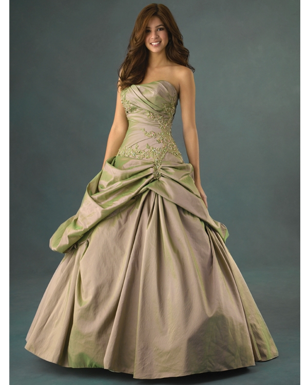 Chic Strapless Ball Gown Floor Length Light Olive Quinceanera Dresses With Beading Appliques