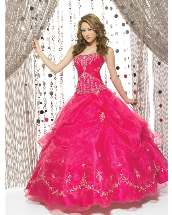 Romantic Rose Red Strapless Full Length Ball Gown Quinceanera Dresses With Ivory Appliques