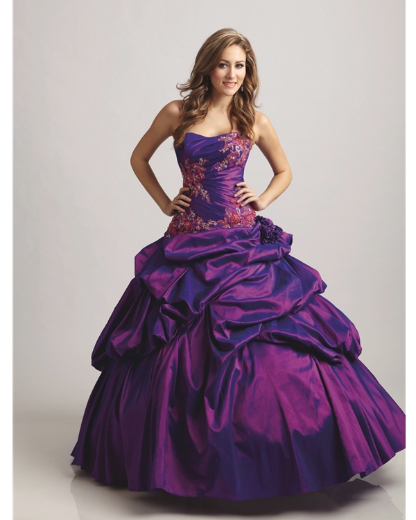 Purple Ball Gown Strapless Floor Length Taffeta Quineanera Dresses With Flower And Embroidery