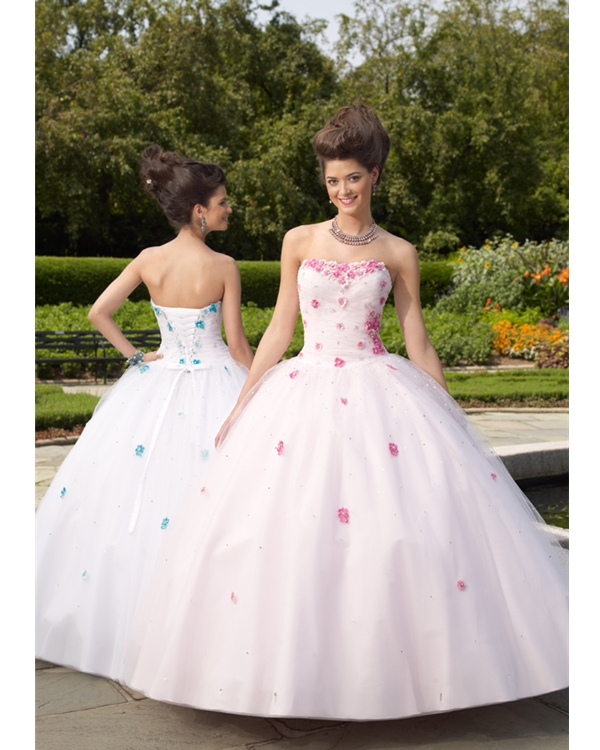 Strapless Sweetheart Floor Length Ball Gown Tulle Quinceanera Dresses With Pink Hand Made Flower