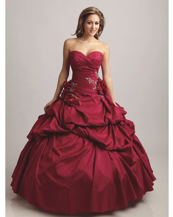 Red Ball Gown Sweatheart Strapless Full Length Quinceanera Dresses With Hand Made Flower