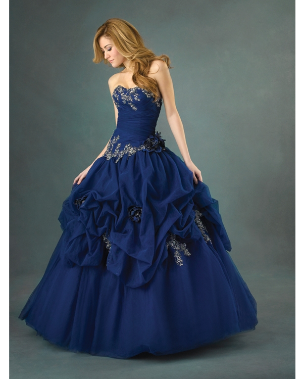 Dark Navy Ball Gown Sweatheart Strapless Full Length Quinceanera Dresses Appliques And Flowers