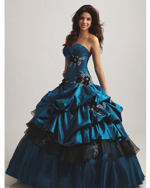 Royal Blue Sweatheart Strapless Floor Length Ball Gown Quinceanera Dresses With Black Flowers And Embroidery