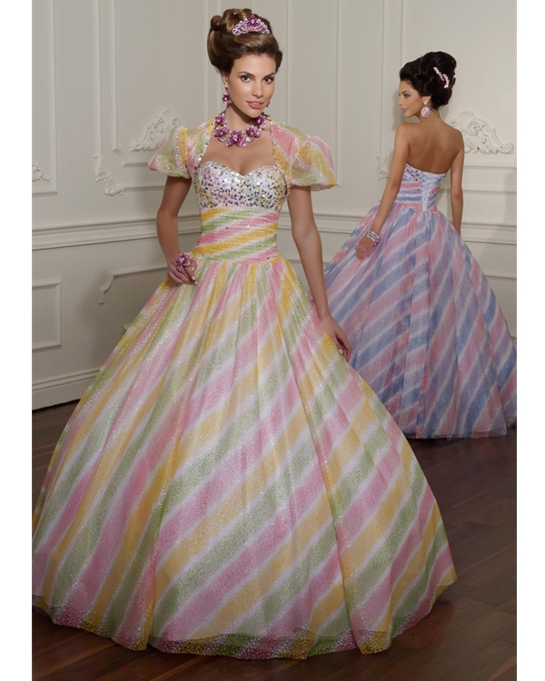 Multi Color Stripe Print Ball Gown Sweetheart Floor Length Quinceanera Dresses With Sequins