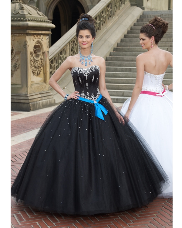 Black Ball Gown Sweetheart Full Length Tulle Quinceanera Dresses With White Appliques And Blue Sash