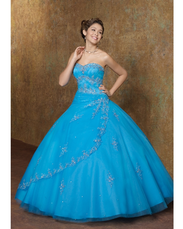 Glamorous Turquoise Ball Gown Floor Length Sweetheart Neckline Tulle Quinceanera Dresses With Appliques