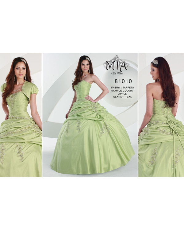 Sage Ball Gown Floor Length Strapless Taffeta Quinceanera Dresses With Delicate Appliques