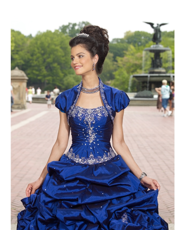 Royal Blue Scoop Floor Length Ball Gown Taffeta Quinceanera Dresses With White Embroidery And Twist Drapes