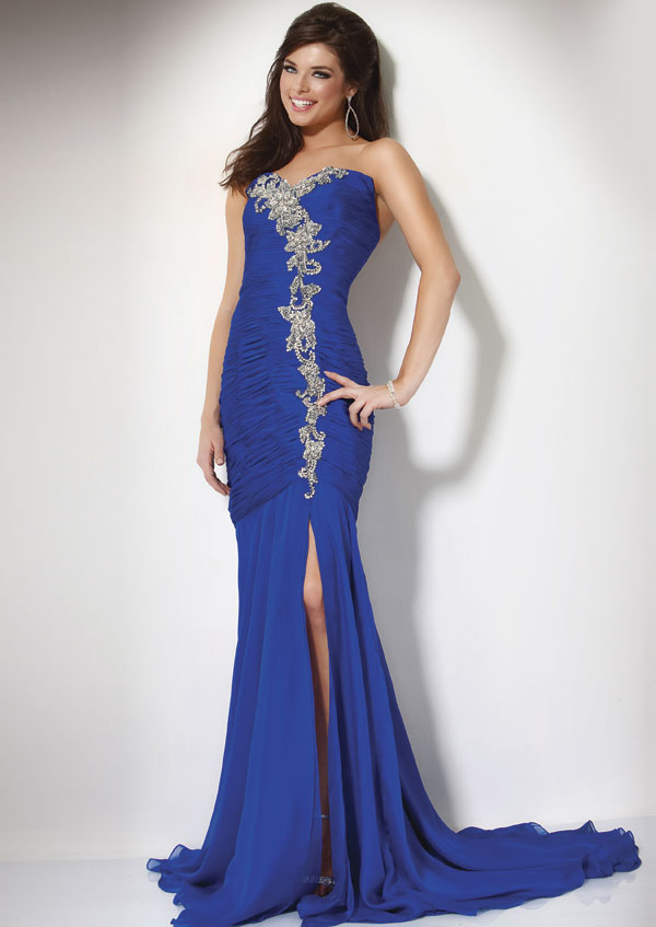 Elegant Royal Blue Strapless Sweet Heart Hgih Slit Sweep Train Floor Length Mermaid Prom Dresses With Appliques 