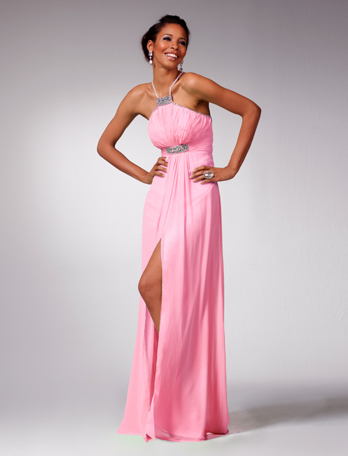 Pink Halter Floor Length Sheath Chiffon Prom Dresses With Crystal And Side Slit
