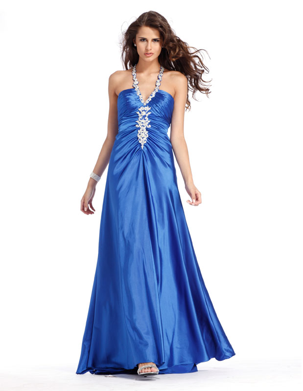 Turquoise Halter Floor Length A Line Prom Dresses With White Applique 