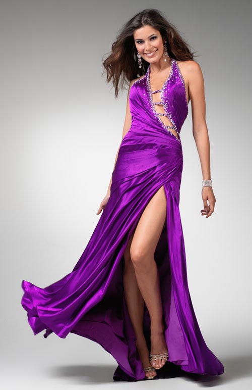 Violet Halter Neck Backless High Slit Sexy Floor Length Sheath Prom Dresses With Jewel 