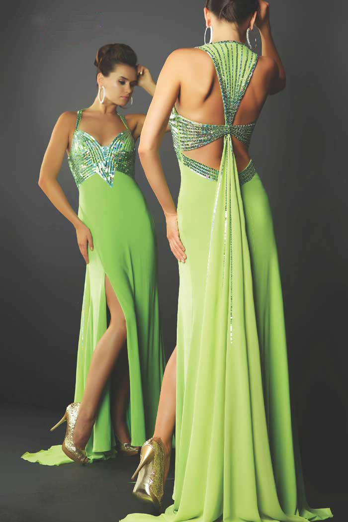 Lime Halter Sweetheart Side Slit Sweep Train Floor Length Sheath Prom Dresses With Sequins 