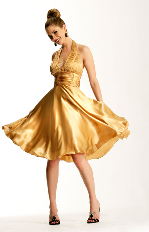 Glamorous Gold Halter Knee Length A-Line Silk Satin Prom Dress With Wrinkles