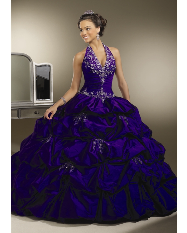 Prosperous Violet Halter Ball Gown Floor Length Taffeta Quinceanera Dresses With White Embroidery