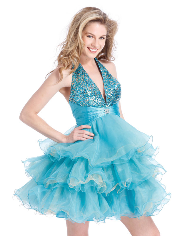 Blue Halter V Neck Empire Short Mini Tiered Tulle Prom Dresses With Sequins 