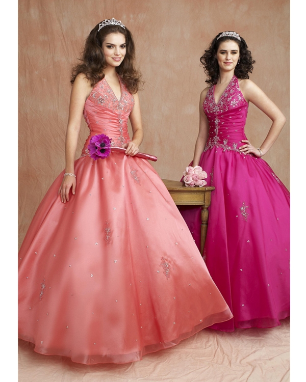 Apricot Ball Gown Halter Floor Length Tulle Quinceanera Dresses With Embroidery