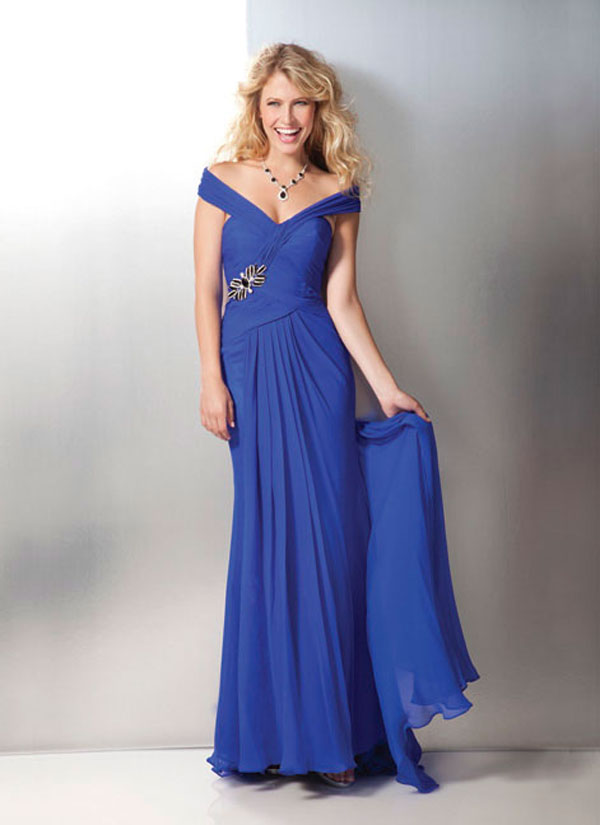 Royal Blue Off Shoulder Floor Length Chiffon Formal Dresses With Beadings