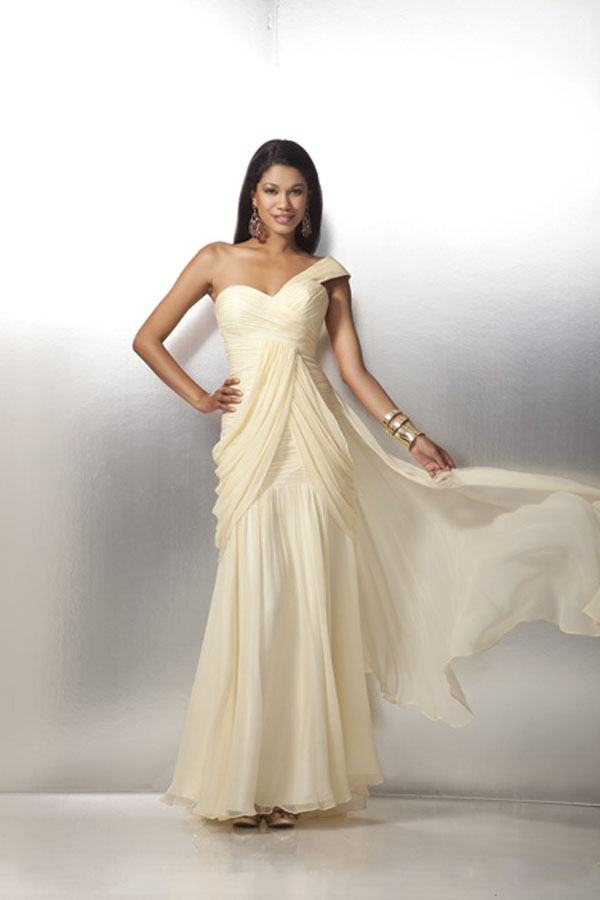Paint Yellow One Shoulder Ruched Floor Length Column Chiffon Prom Dresses