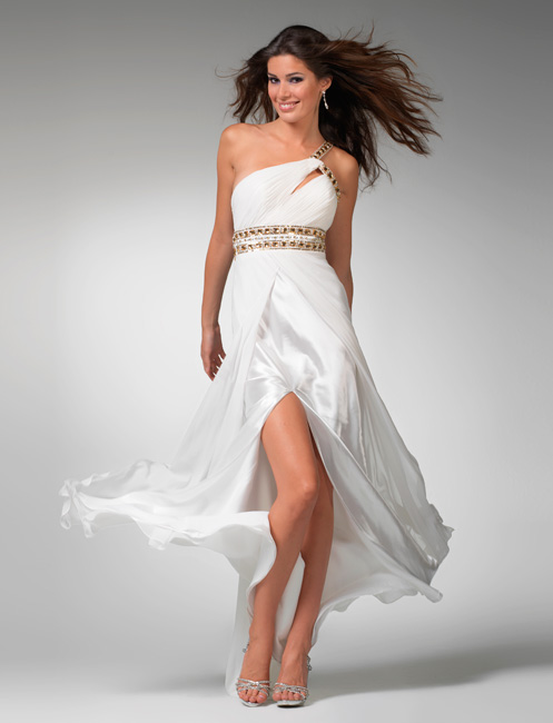 White One Shoulder High Slit Sheath Floor Length Chiffon Prom Dress ...