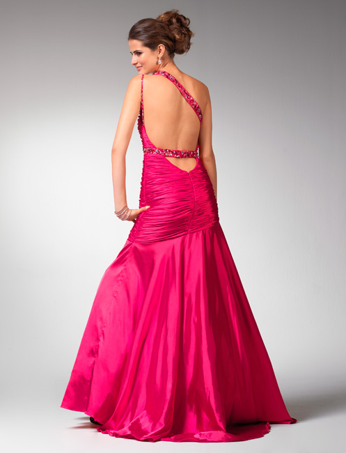 Magenta One Shoulder Open Back Sweep Train Floor Length Mermaid Prom Dresses With Beads 
