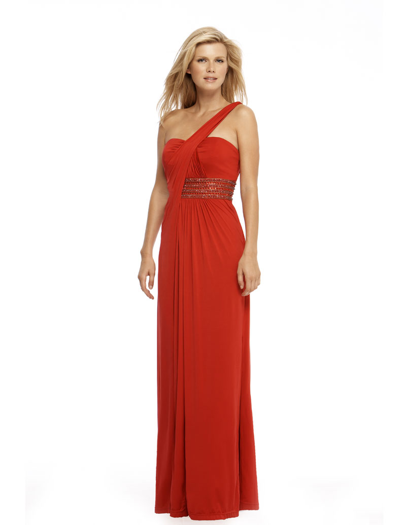 Demure Red One Shoulder Floor Length Sheath Prom Dresses With Beads Waist