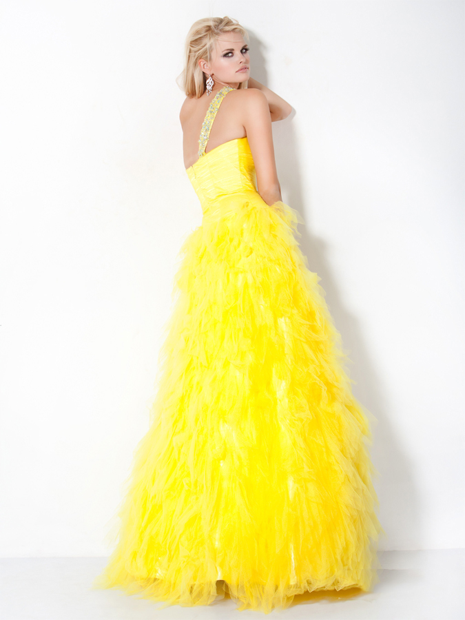 Yellow One Shoulder Floor Length A Line Prom Dresses With Sequins And Ruffles 