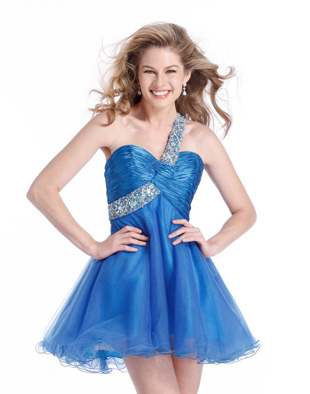Girly Blue One Shoulder Short Mini Length Empire Tulle Prom Dresses With Ruches And Beads 