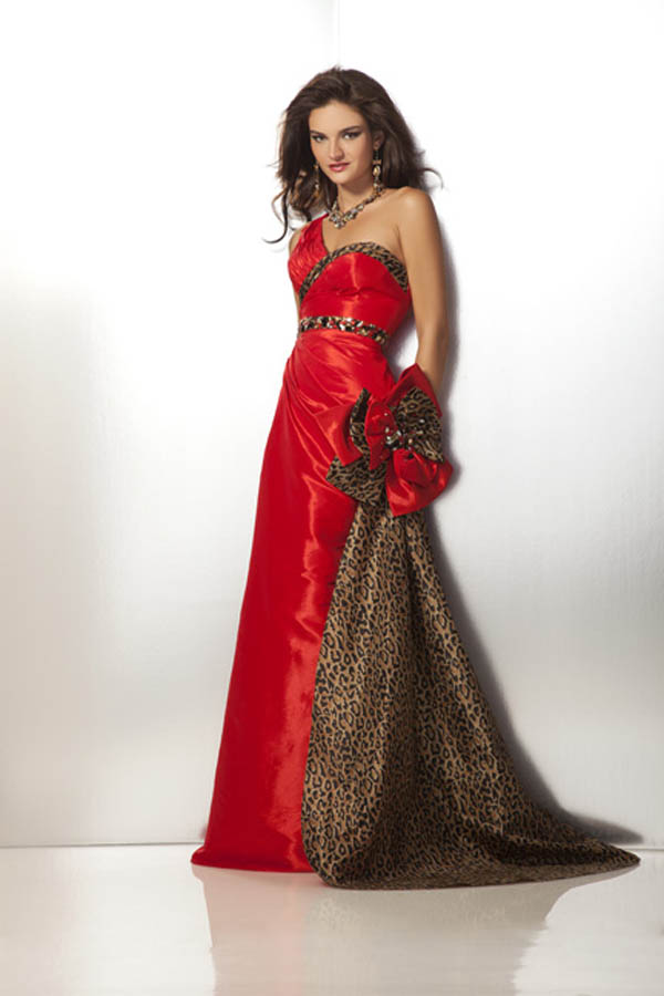 One Shoulder Floor Length Sheath Red And Leopard Print Prom Dresses With Detachable Train 