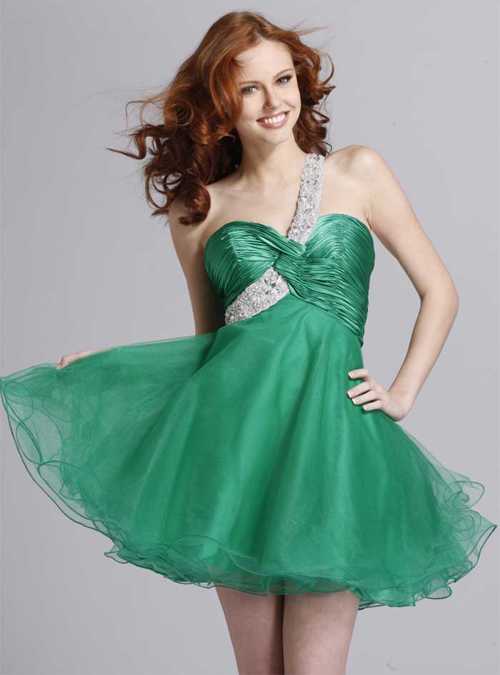 Green One Shoulder Empire Short Mini Tulle Prom Dresses With Sash And Ruches 