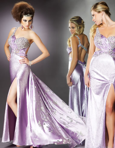 Lavender One Shoulder Open Back High Slit Floor Length Column Satin Prom Dresses With Beads 