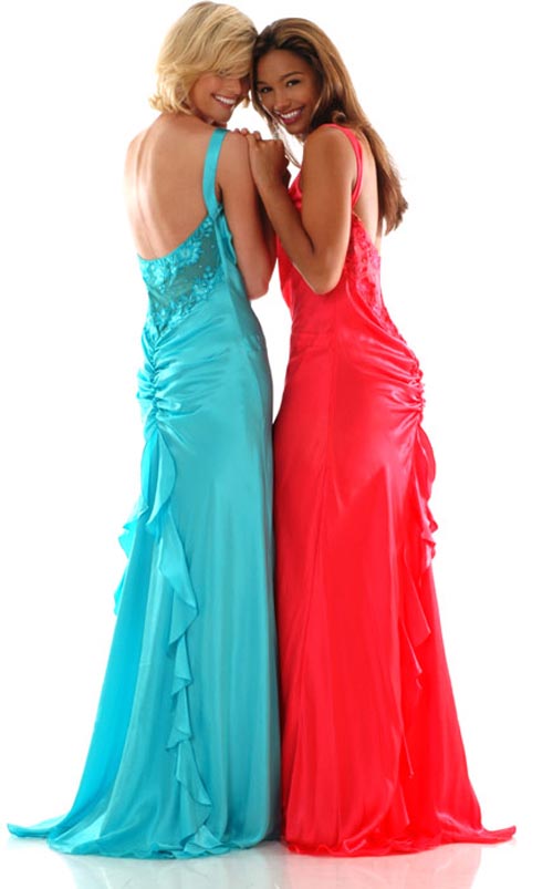 Blue One Shoulder Open Back Sweep Train Full Length Sheath Prom Dresses With Ruches