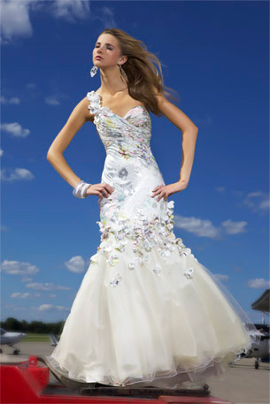 Ivory One Shoulder Tulle Floor Length Mermaid Prom Dresses With Colorful Applique 