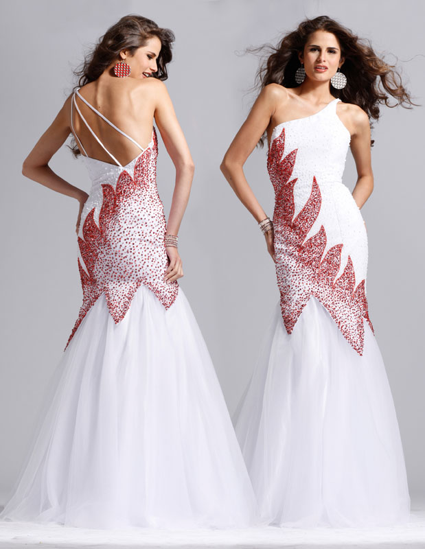 One Shoulder Open Back Floor Length White Mermaid Tulle Prom Dresses With Red Sequins 