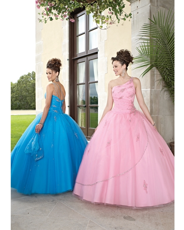 Pink One Shoulder Floor Length Ball Gown Tulle Quinceanera Dresses With Sequins