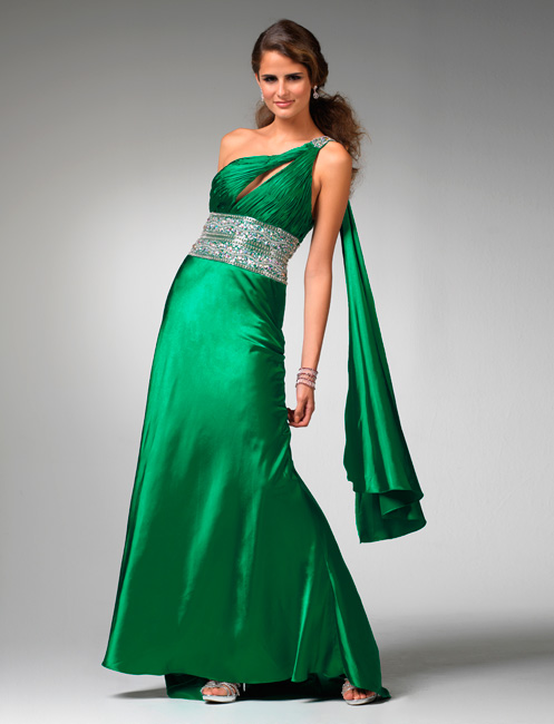 Green One Shoulder Ankle Length Sheath Prom Dresses With Jewel And Strap
