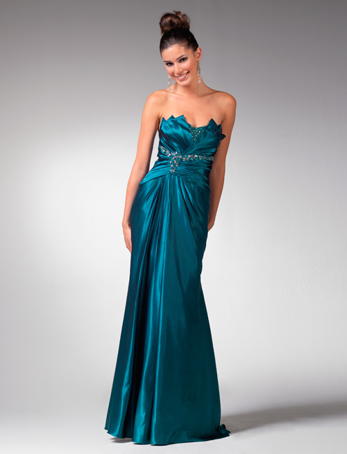 Elegant Teal Strapless Floor Length Column Prom Dresses With Beads And Ruches