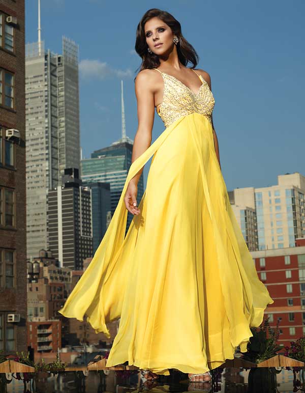 Yellow Sheath Spagetti Straps Floor Length Empire Chiffon Prom Dresses With Beads 