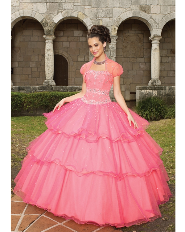 Watermelon Straight Neck Floor Length Ball Gown Tiered Tulle Quinceanera Dresses With Embroidery