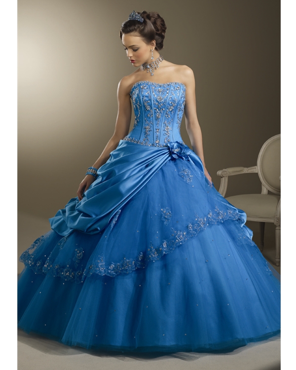 Blue Strapless Ball Gown Floor Length Tulle Quinceanera Dresses With Sequined Appliques