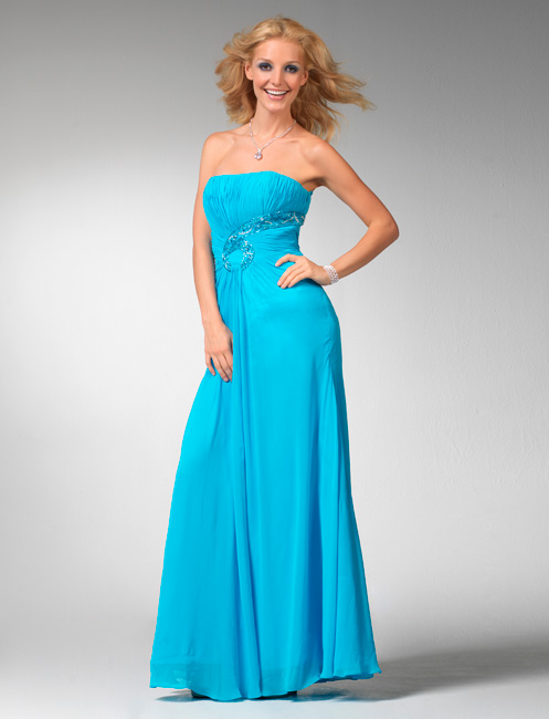 Turquoise Strapless Ankle Length Sheath Chiffon Prom Dresses With Jewel 