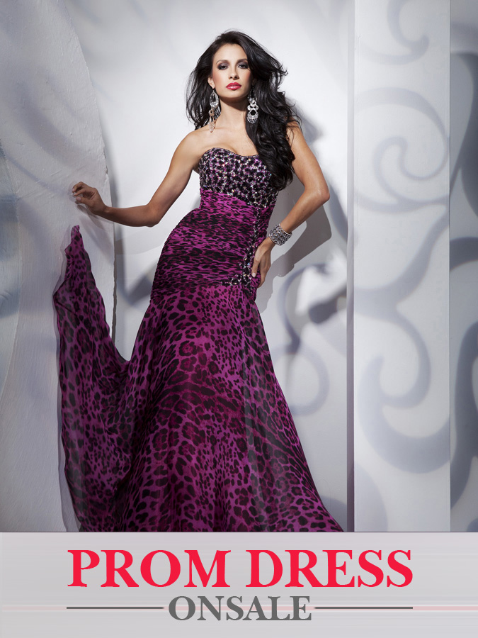 Magenta Leopard Print Strapless Floor Length Mermaid Chiffon Prom Dresses With Sequins 